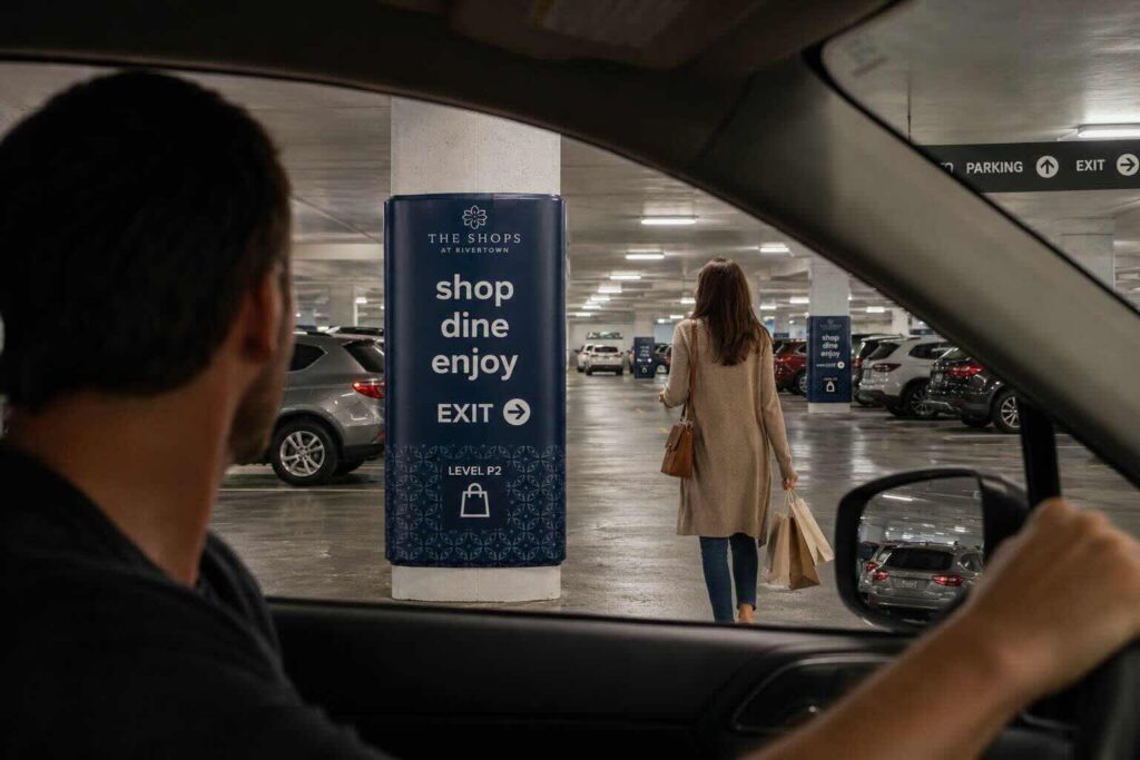 Man looking at shopper and Cingo Column Wrap with advertisement