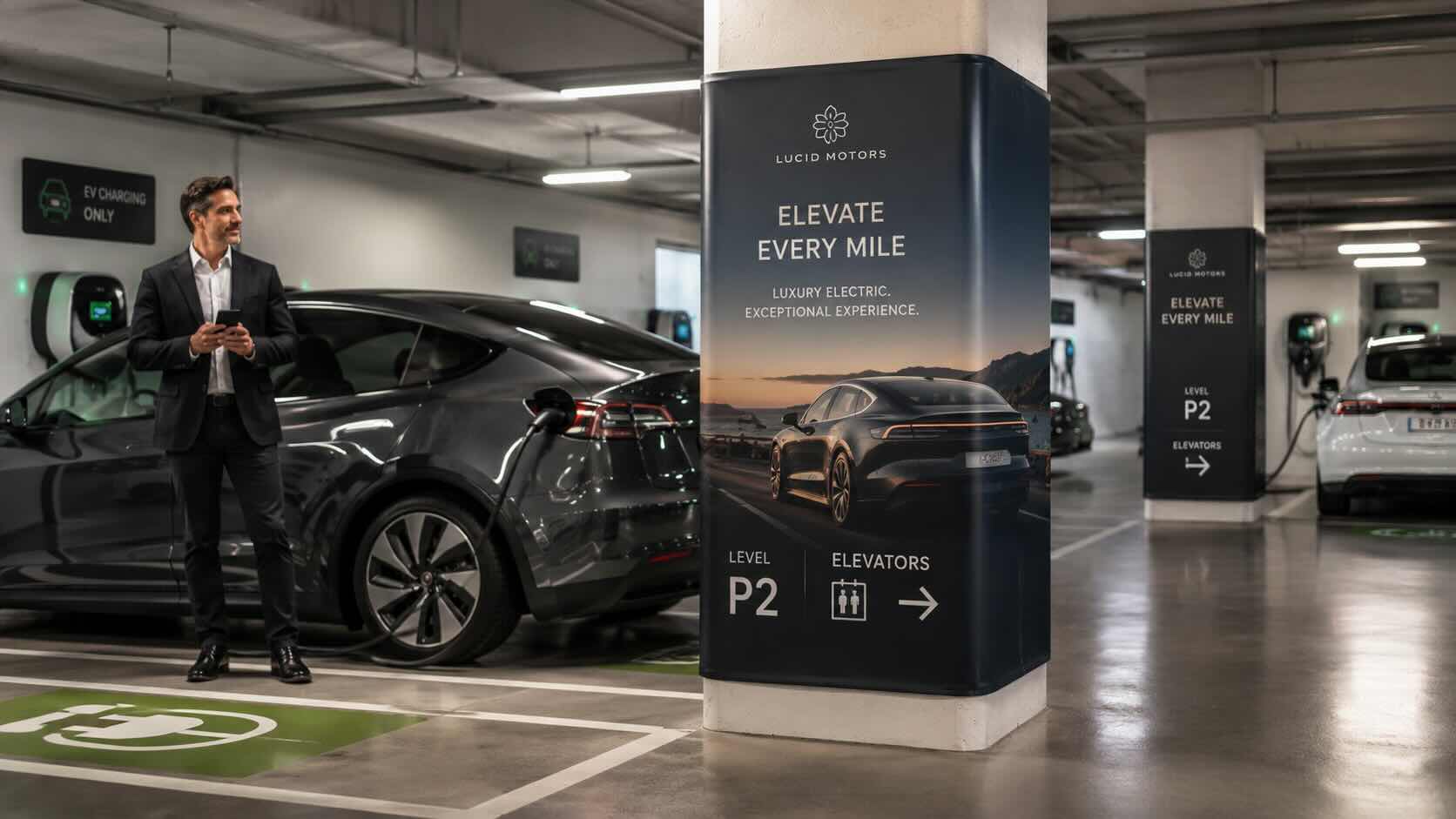 Man charging EV vehicle looking at advert on a Cingo Column Wrap