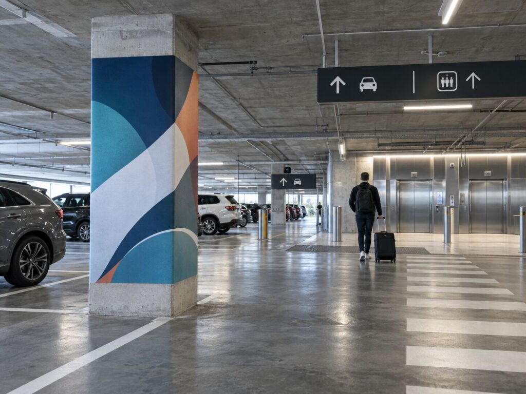 Airport parking garage with a wrapped advertising column as a traveler pulls a suitcase toward the elevators