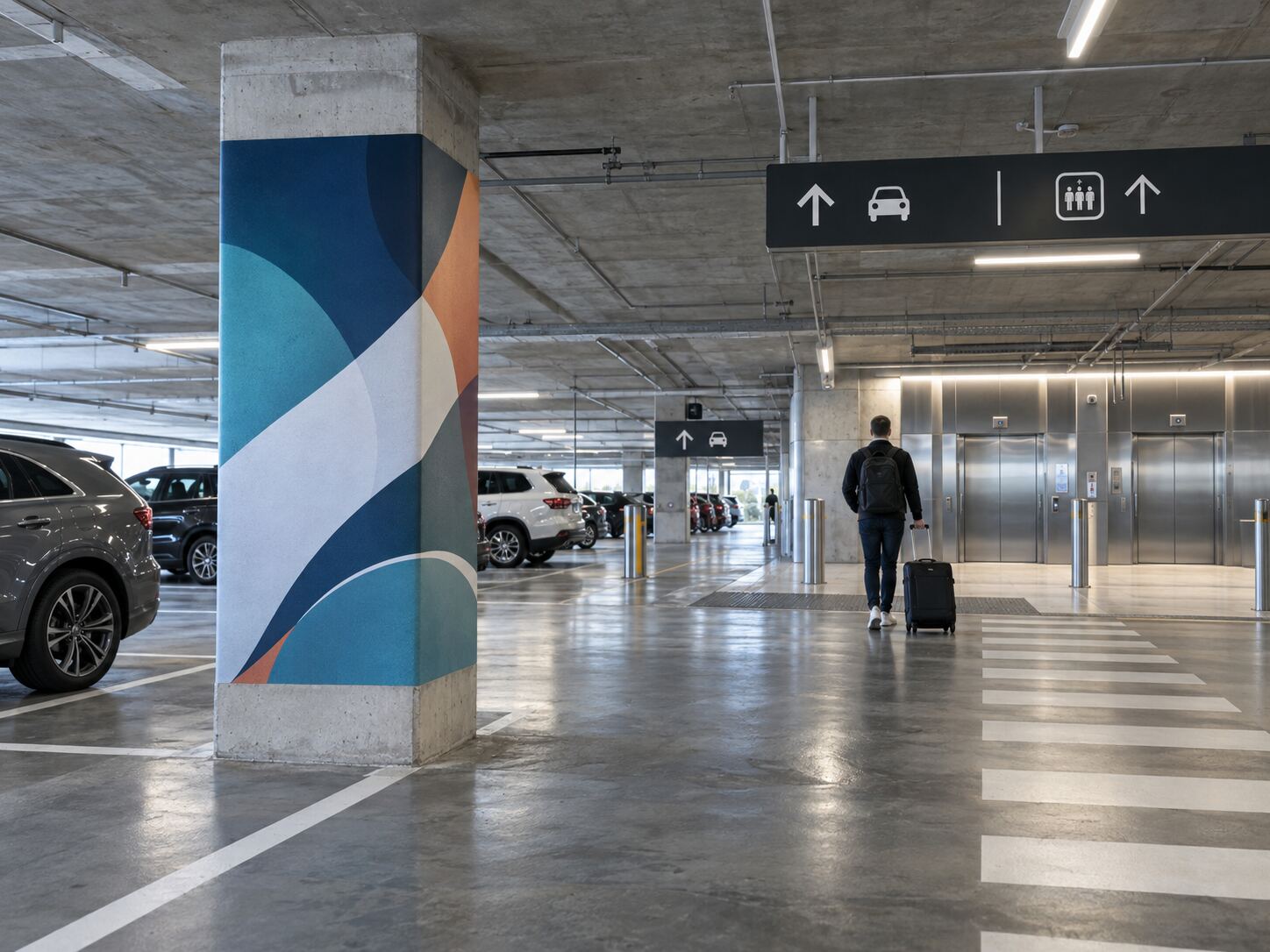 Airport parking garage with a wrapped advertising column as a traveler pulls a suitcase toward the elevators