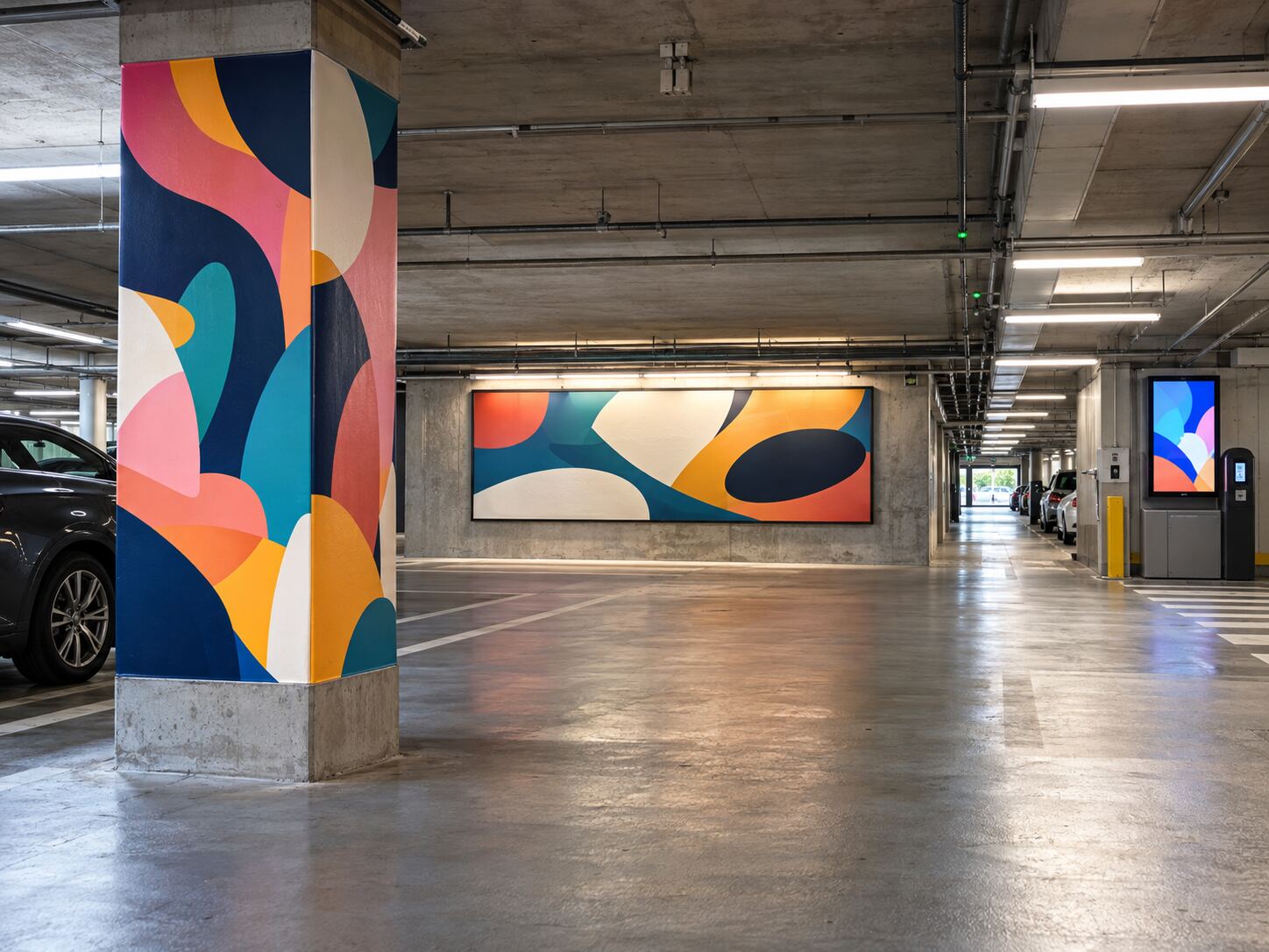 Parking garage showing a column wrap, a large wall banner and a digital screen near the pay station