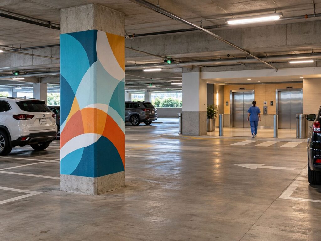 Parking garage column wrapped in an abstract advertising graphic as a nurse in scrubs walks toward the elevator in a hospital parking structure