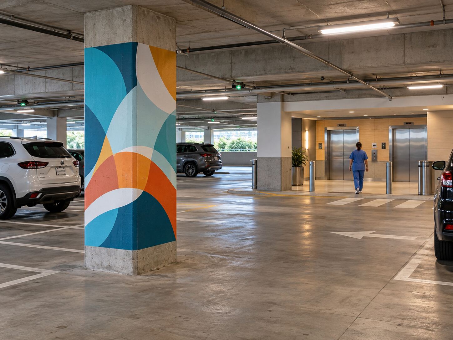 Parking garage column wrapped in an abstract advertising graphic as a nurse in scrubs walks toward the elevator in a hospital parking structure