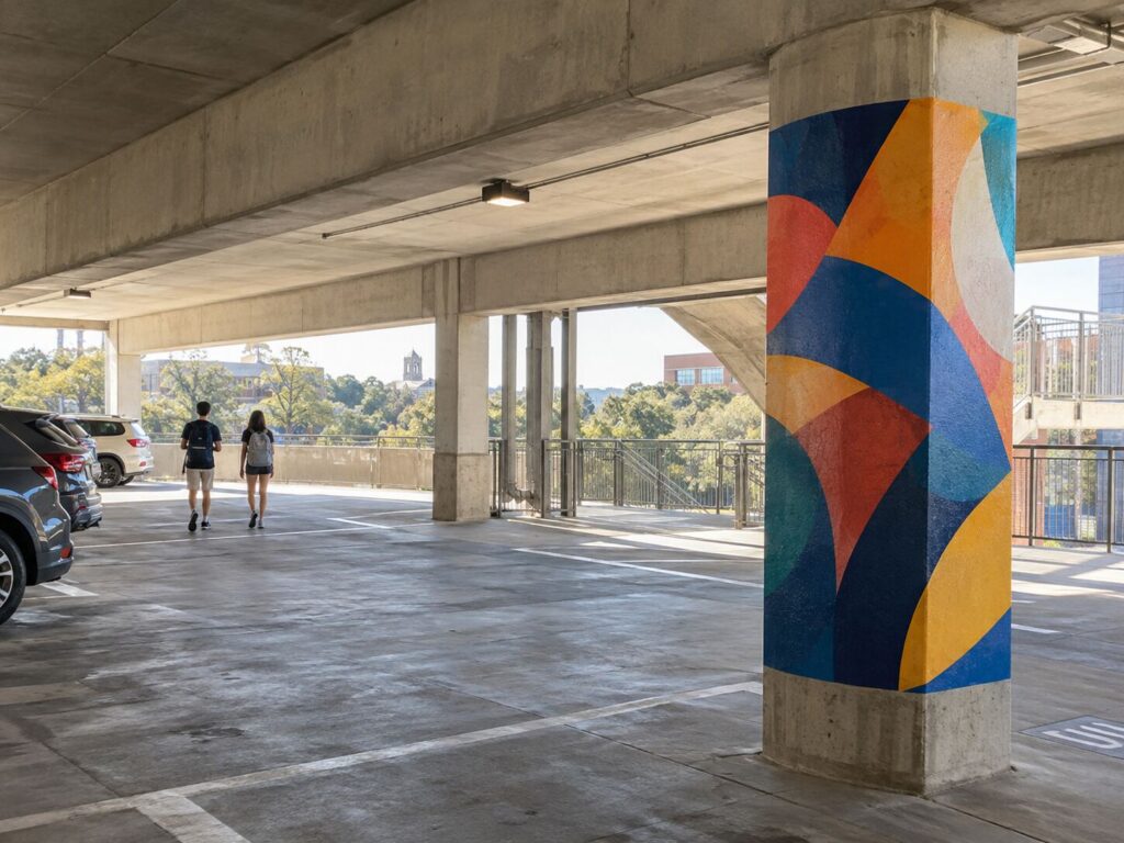 Campus parking structure with a column wrapped in a colorful advertising graphic as two students with backpacks walk past